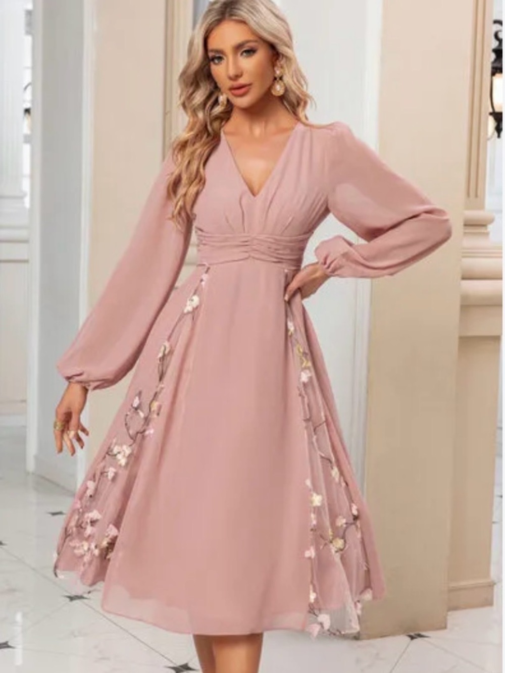 JJs House Blush Pink V-Neck Midi Dress with Floral Appliqué